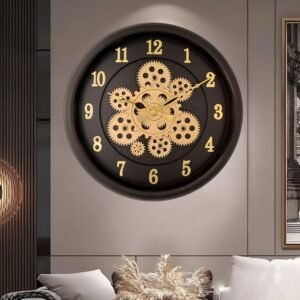 De'rons Rotating Moving Gears Wall Clock Industrial Steampunk Real Moving Gear Designer Wall Clock for Living Room Home Decor Office Wooden Look Plastic Round 32cm DC-1387 (Black Golden)