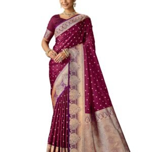 Mehrang Women's Zari Titan Satin Banarasi Silk Saree For Wedding With Gold Zari Woven With Unstitched Blouse Piece