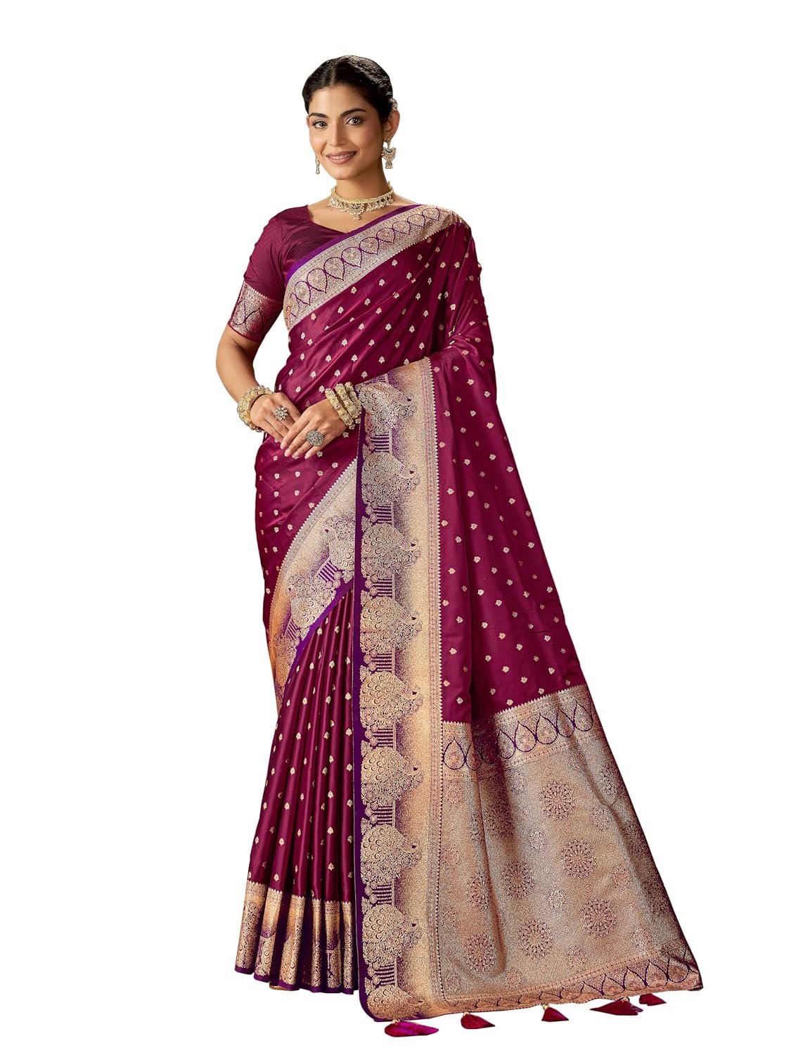 Mehrang Women's Zari Titan Satin Banarasi Silk Saree For Wedding With Gold Zari Woven With Unstitched Blouse Piece