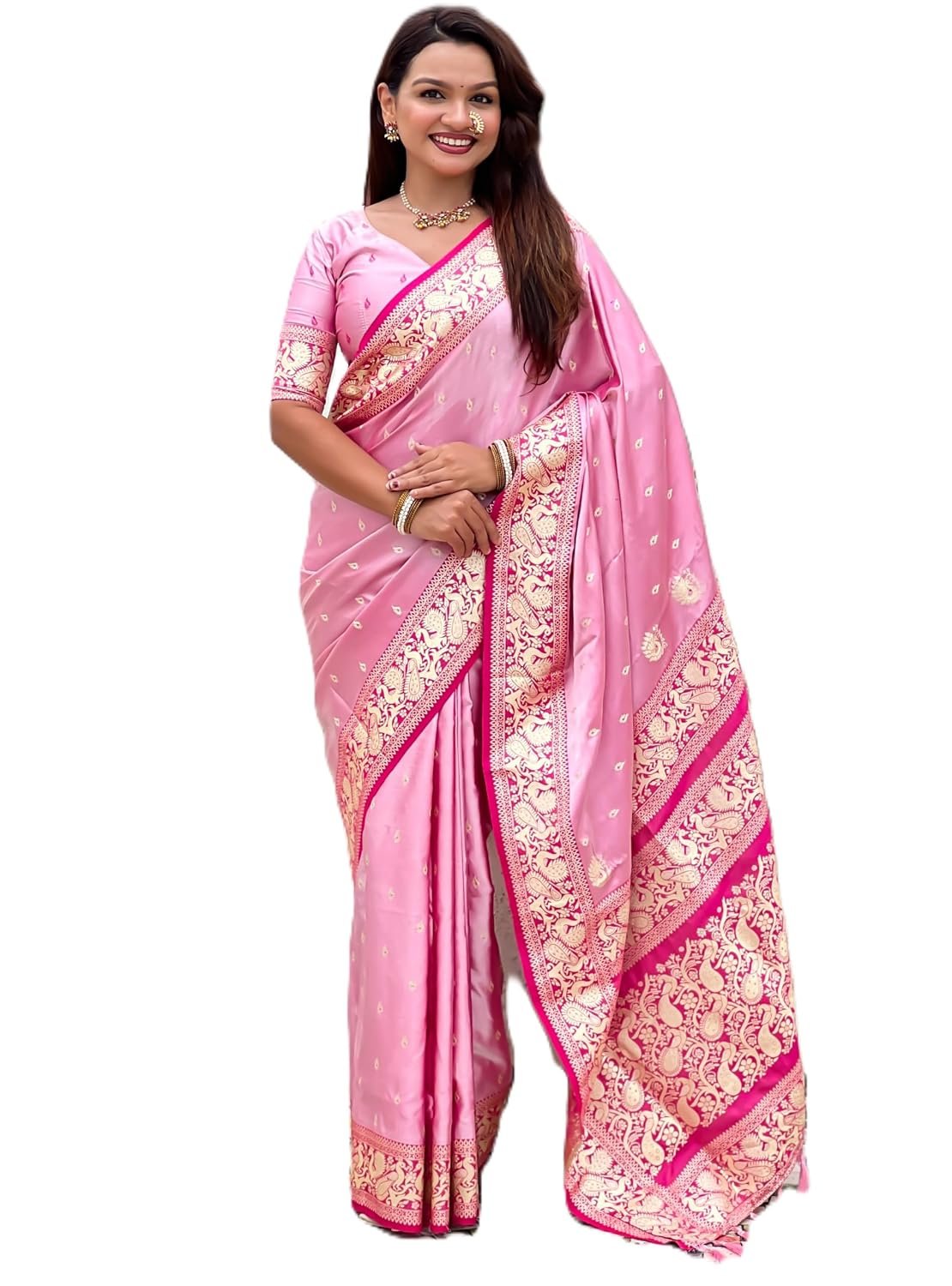 Pandadi Saree Women's Banarasi Silk Zari Weaving Saree With Unstitched Blouse Piece
