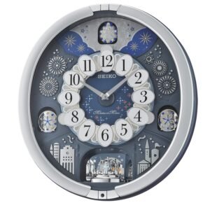 Seiko Glittering Starry Night Melodies in Motion Wall Clock | Metallic Silver Frame, 18 Hi-Fi Melodies & Swarovski Crystals (Size: 44.3 H × 40.5 W × 9.7 D CM | Weight: 2.5 kg) QXM379S