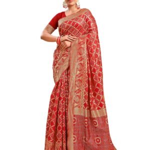 SIRIL Women's Soft Banarasi Silk Saree, Bandhani Saree With Unstitched Blouse Piece