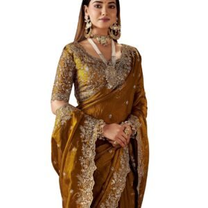 DHARMEE Women's Silk Saree with Embroidered Blouse Piece, Traditional Parte Wear with Gold Border and Hand Work Lace Embellished, Solid/Plain, Applique, Woven, Bollywood Jimmy Jimmy, Satin Saree