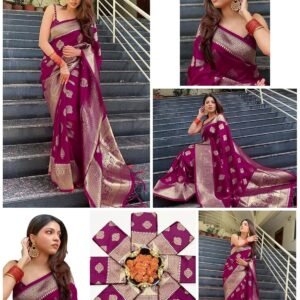 Women's Banarasi Kanjivaram Cotton Silk Saree With Unstitched Blouse Material