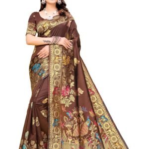 Women's Banarasi Silk Saree with Rich Zari Weaving, Peacock & Floral Design, Contrast Pallu | Traditional Wedding & Saree with Blouse Piece