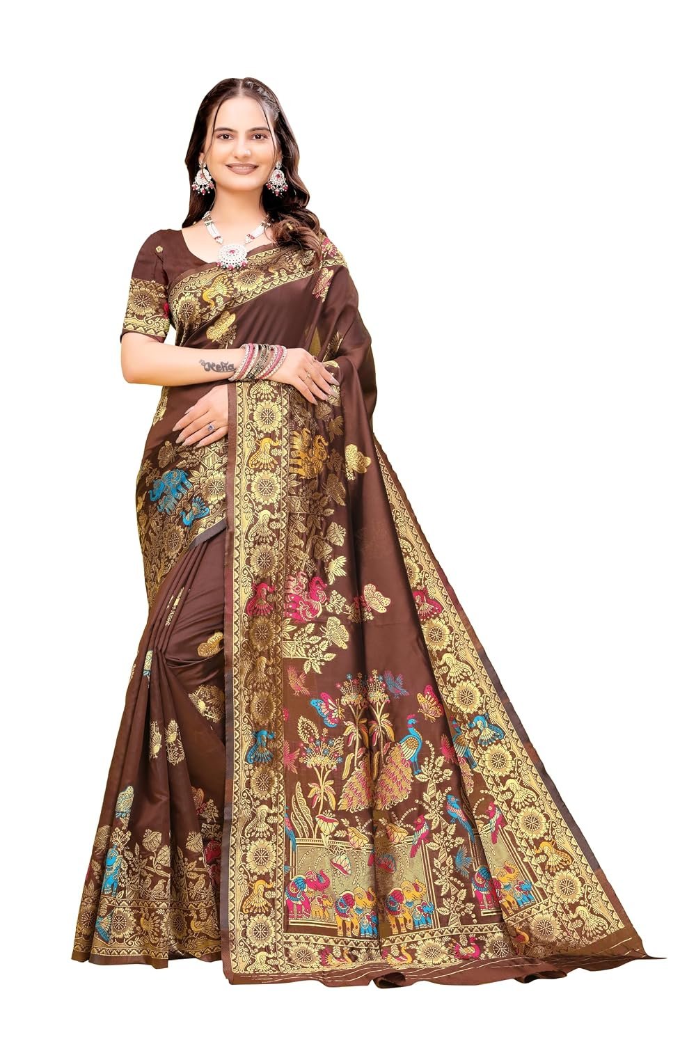 Women's Banarasi Silk Saree with Rich Zari Weaving, Peacock & Floral Design, Contrast Pallu | Traditional Wedding & Saree with Blouse Piece