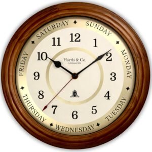HARRIS & CO. CLOCKMASTERS Luxury Wooden Time & Weekday Wall Clock, Weekly Analog Clock with Days, Hours & Minutes Markers, HD Clear Glass with Silent Sweep Noiseless (14 Inch) Model-Daybrook Road