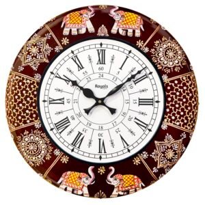 RoyalsCart Ethnic Handcrafted Decorative Analog Wall Clock with Rajasthani Elephant Painting | Brown Wooden Clock for Living Room | 24 Hours |16 Inch|Vintage Design| Silent Sweep Movement [KTWC191D]