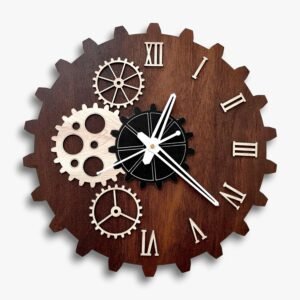 cozyloom Gear Theme Rustic Wooden Wall Clock with Vintage Industrial Style, Roman Numerals, Decorative Gear Accents,& Antique Wall Décor