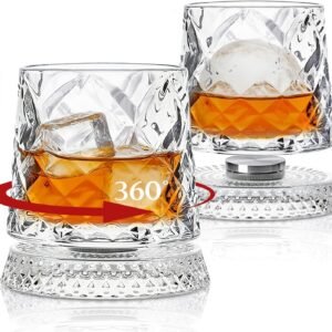 1 Pc Rotating Whiskey Glasses with Crystal Coaster Base, Spinning Old Fashioned Glass for Bourbon & Scotch, Anti-Toppling Stress Relief Barware, Gifts for Men Dad Husband (Random Design)