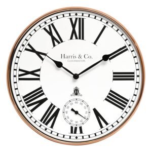 HARRIS & CO. CLOCKMASTERS Premium Metal Analog Wall Clock with Sub-Second Dial 12 Inch Rosegold with HD Clear Curved Glass Silent Sweep Movement Technology Model - Fleet Street in Rose