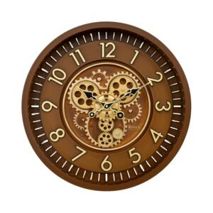 Sonam Quartz Luxury Gear Wall Clock | Teak Wood Finish with Live Moving Gear Mechanism | Large Metallic Numbers | Decorative Vintage Wall Clock for Living Room, Hall & Office | Premium Durable Quality