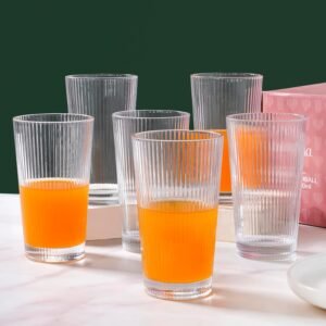 Nestasia Transparent Juice Glasses Set of 6 (300ml Each) - Chip & Scratch Resistant Ribbed Textured Tumblers | Ideal for Water, Juice, Cocktails, Mocktails - Perfect for Gifting