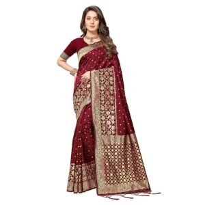 Rekha Maniyar Silk Women's Thread And Zari Work Woven Banarasi Saree With Tassels And Unstitched Blouse Piece (Mysoremagic)
