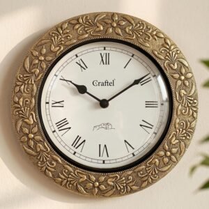 CRAFTEL Silent No Ticking Antique Wall Clock Hand Engraved Brass Roman Numerals | Aluminum Matte-Finish Dial | Dial - 8 Inches, Antique Gold | 365 Days Warranty