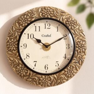 CRAFTEL 12 Inch Antique Brass Embossed Wall Clock for Home | Premium Aluminum Dial | Vintage Floral Design | Decorative Clock for Living Room & Office (1-Year Warranty)