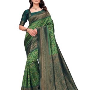 Kaugalian store Diamond Banarasi Silk Blend Saree with Woven Zari Border and Unstitched Blouse Piece