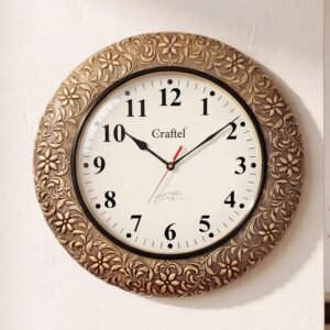 CRAFTEL Brass Embossed Analog Wall Clock Handicraft Round Clock for Living Room Home and Office (18 x 18 inch, Multicolour)